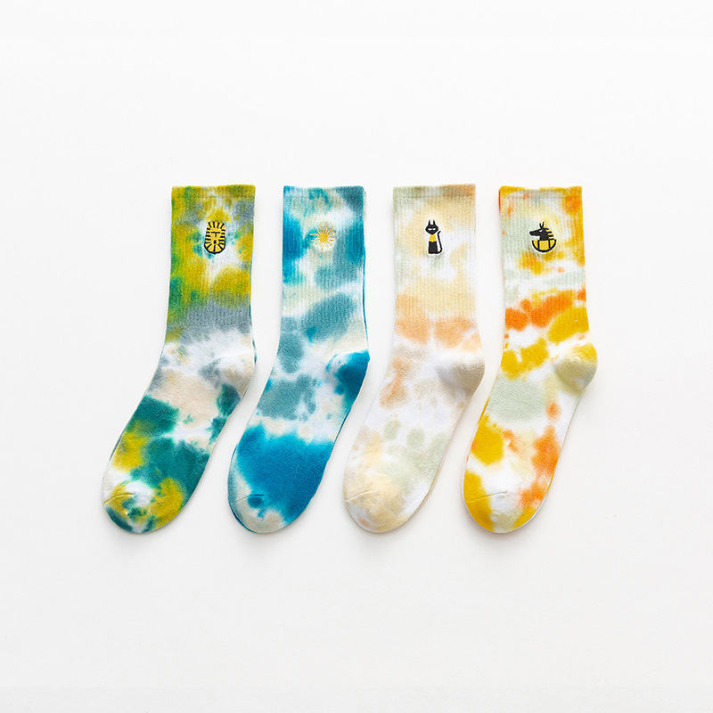 Tie-Dye Socks for Women Middle Tube Cotton Socks Ins Trendy Socks Embroidered Couple Sports