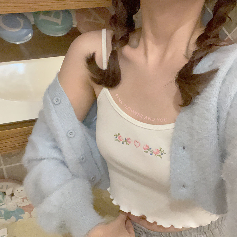 日系甜美修身显胸大清凉可爱少女花边小碎花刺绣短款小吊带背心女