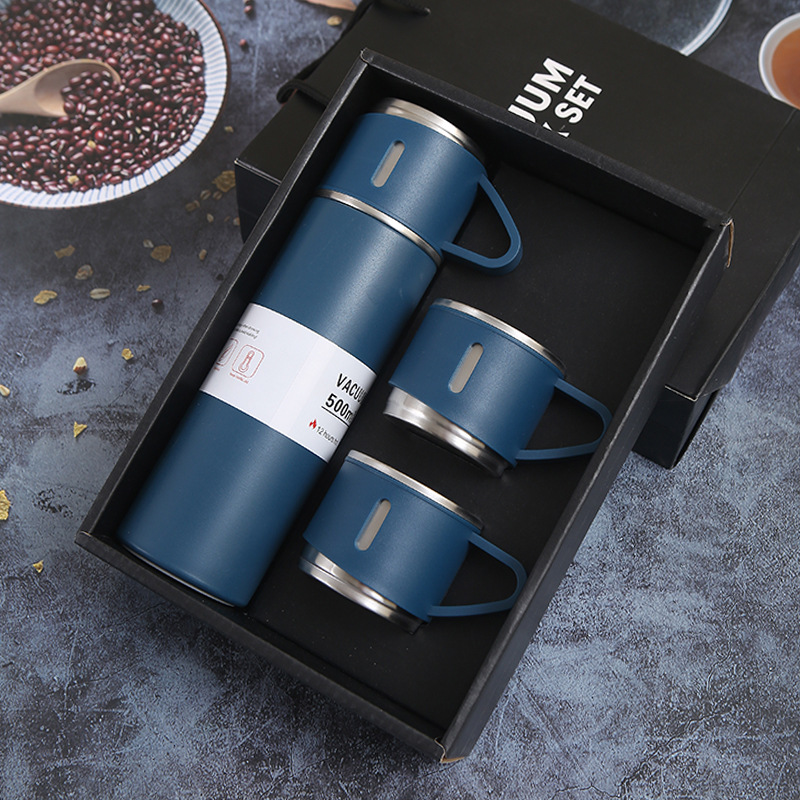 Factory Gift Box Vacuum Cup Set One Cup Three Cover Business Office Gift Cup Double Stainless Steel Water Cup Wholesale