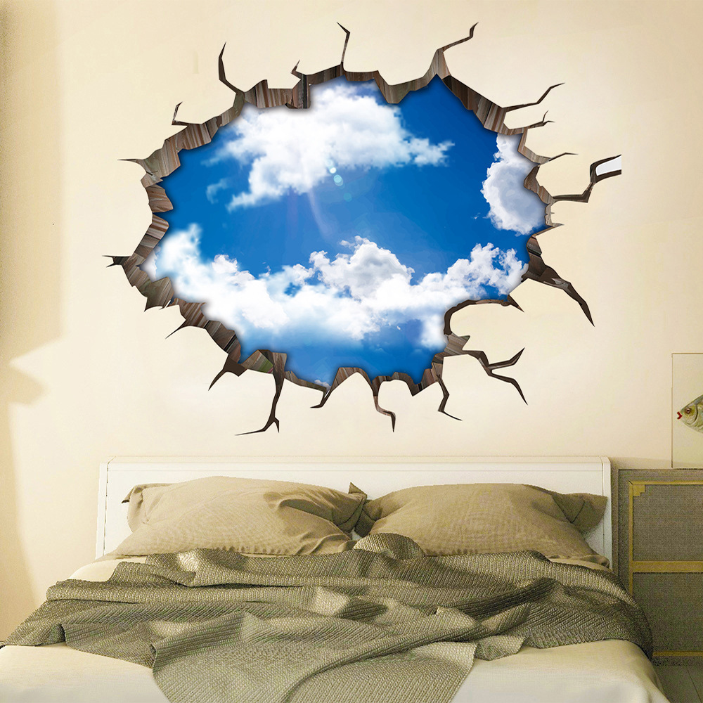 厂家跨境新款3d破墙蓝天白云墙贴客厅卧室可移除装饰画r-6676