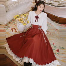 枫叶红复古学院娃娃领长袖刺绣花蕾丝双层连衣裙套装