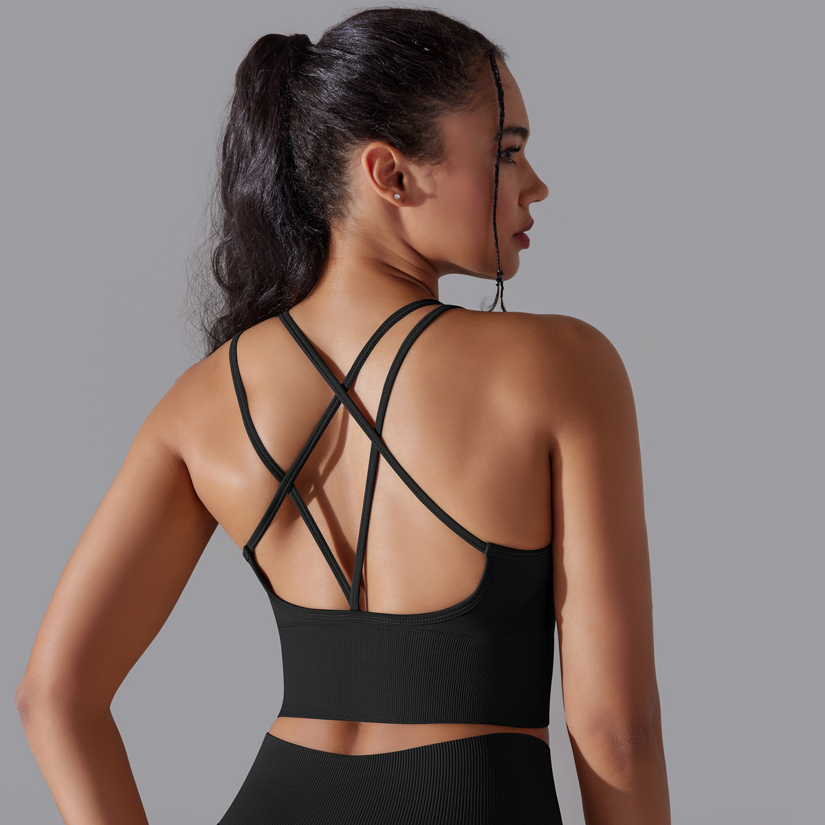 Cross-Border European and American Seamless Solid Color Cross Beauty Back Exercise Bra Vest Yoga Clothes Suit Running Fitness Three-Piece Suit