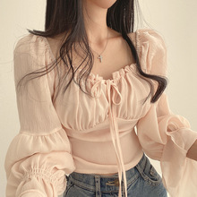 韩国chic早春法式小众木耳边系带方领收腰喇叭袖雪纺衫短款衬衫女