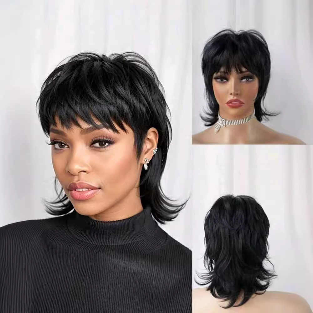 欧美假发头套黑色鲻鱼披肩碎发假发短直发角色扮演发套跨境批发