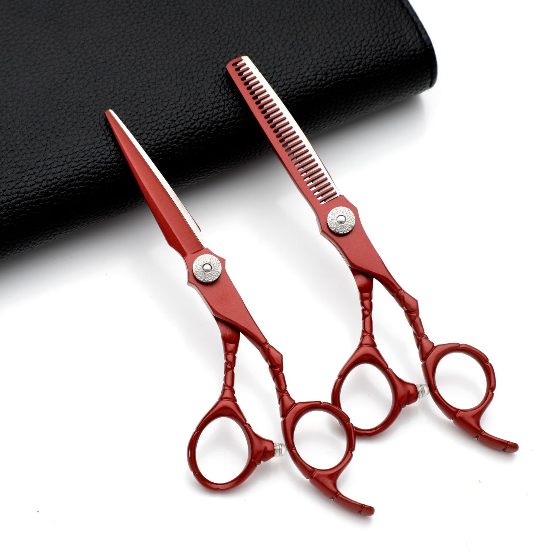 6寸特氟龙红色竹节平剪牙剪理发剪打薄剪刘海剪亚马逊跨境专供