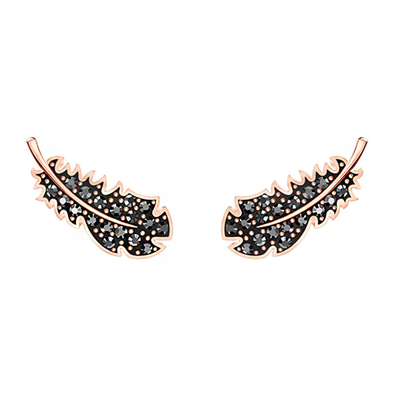 施家1:1原模版玫瑰金黑色轻奢羽毛耳钉女施华洛元素水晶耳环代发