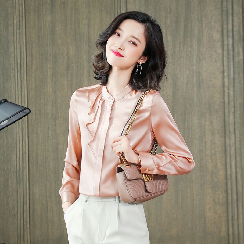 纯色重磅真丝长袖衬衫女士2024春装新款桑蚕丝衬衣设计感显瘦上衣