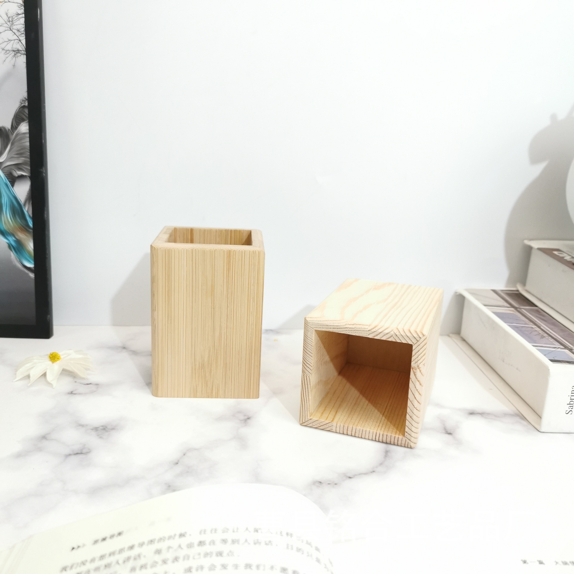 Storage Box Square Wooden Signature Pen Wooden Office Stationery Pen Holder Student Mark Pen Storage Wooden Box