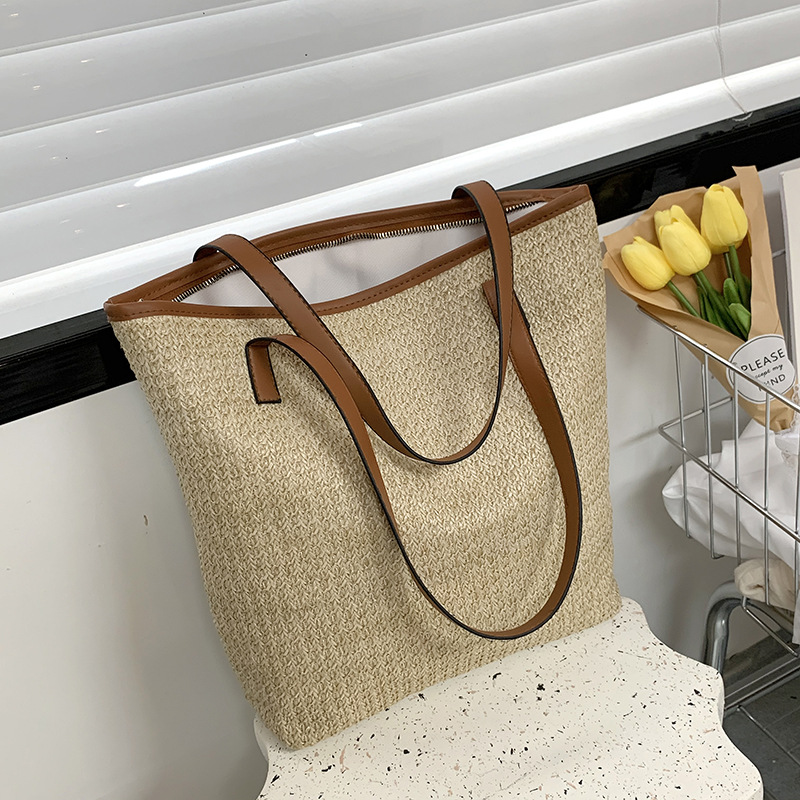 Woven Tote Bag Women's Summer 2022 New Fashion Simple Portable Shoulder Large Capacity Shopping Bag Shopping Basket Bag