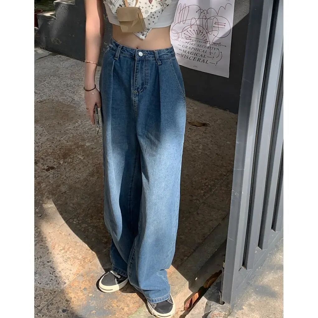 Chic Hong Kong Style Retro Distressed Figure Flattering Jeans for Women 2022 Spring New Loose High Waist Straight Wide Leg Pants Fashion