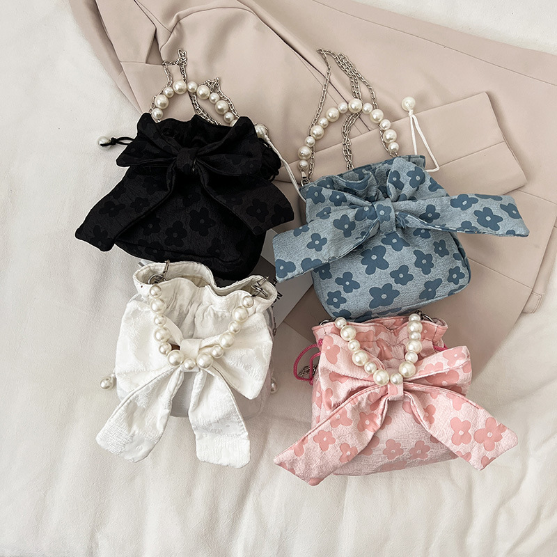 Cross-Border Popular One Shoulder Bag Sweet Fresh Bow Bag Fashion Pearl Chain Bag Denim Printing Handbag