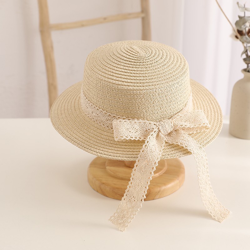 Internet Famous Lace Bow Straw Hat Baby Sunhat Girls Beach Hat British Trendy Top Hat Flat Top Sun Hat