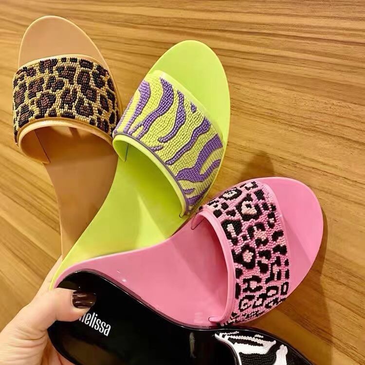 melissa女拖鞋2024新款夏季凉鞋一字拖平底外穿斑马豹纹沙滩鞋女