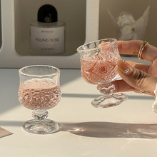 创意复古刻花玻璃杯迷你果酒杯精致高脚甜酒杯高颜值小酒杯一口杯