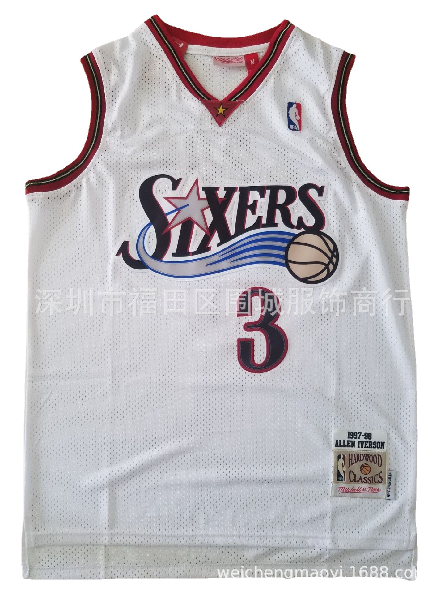 批发76人队篮球服 76人3 艾弗森 白色复古s-xxl 复古刺绣球衣