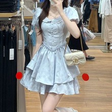 蓝色连衣裙女夏季2024新款茶歇法式初恋清纯奶甜小个子公主蓬蓬裙