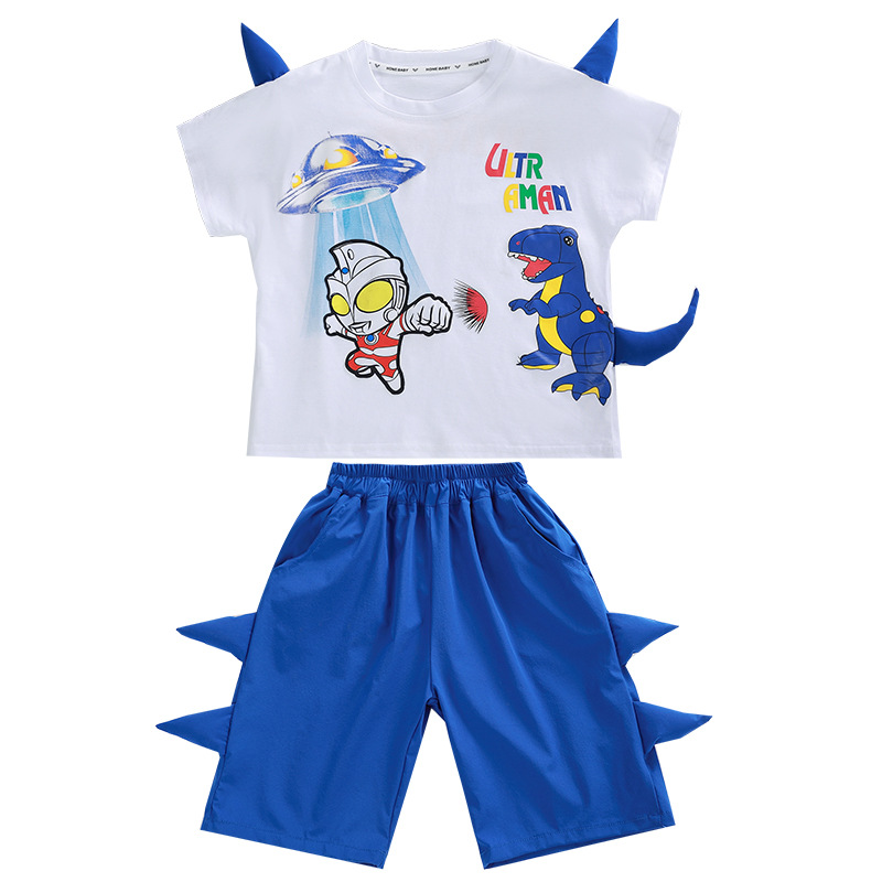 Children's Clothing 2023 Summer New Boys' Short-Sleeved Suit Casual Summer Children Ultraman Horn Dinosaur Suit Fashion