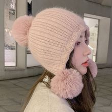 新款仿兔毛针织帽女冬季双层加绒保暖毛线帽时尚三球护耳套头帽子