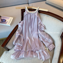 法式高级紫色珍珠挂脖缎面连衣裙女2024夏季新款气质仙女露肩裙子