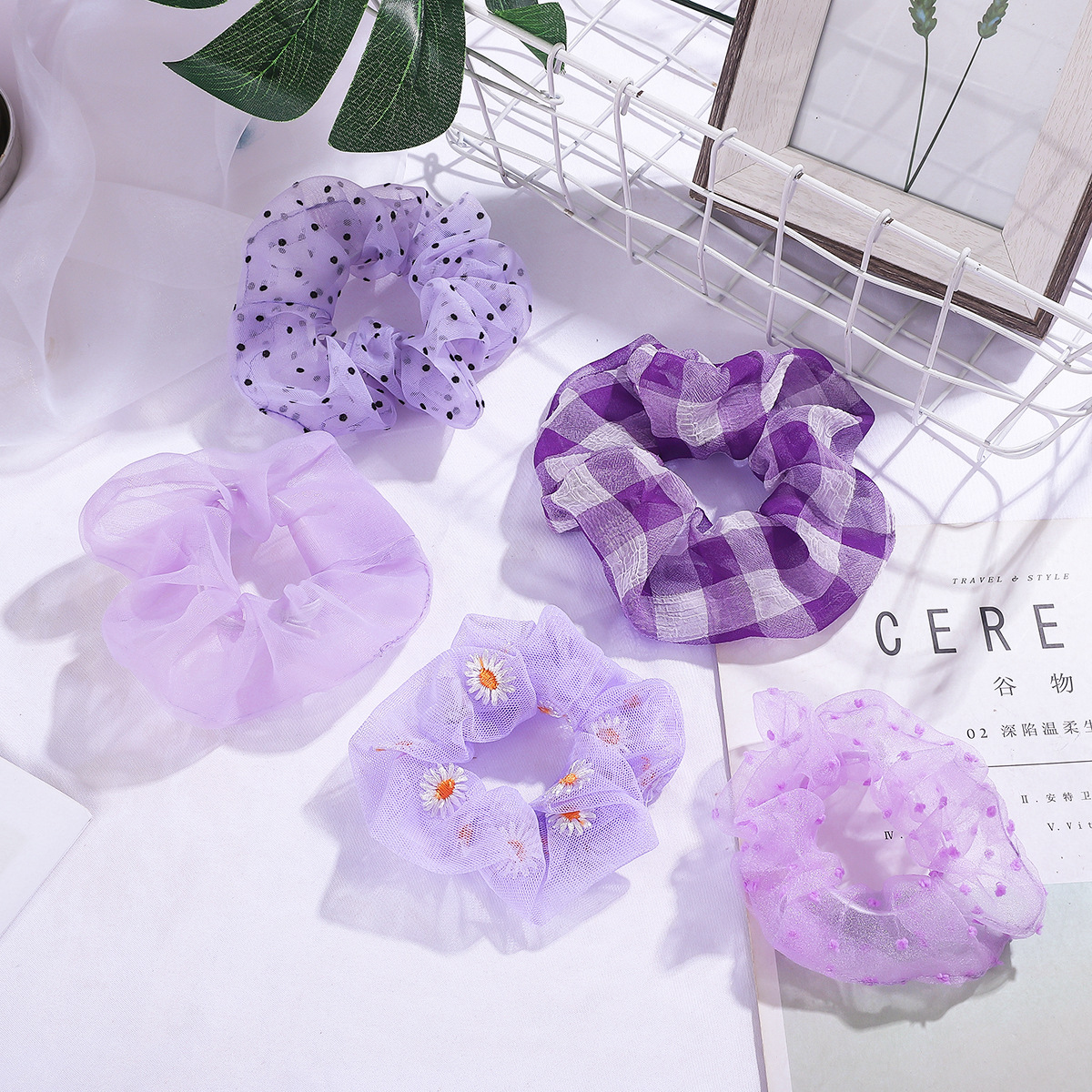 bm紫色大肠发圈简约ins日韩国网红格子发带虞书欣同款头绳女雏菊