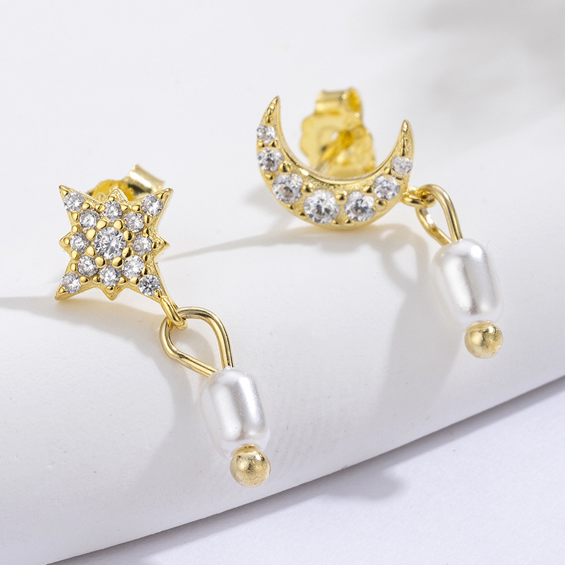 s925纯银电镀18k金色文艺复古宫廷风星星造型月亮珍珠耳环女耳坠