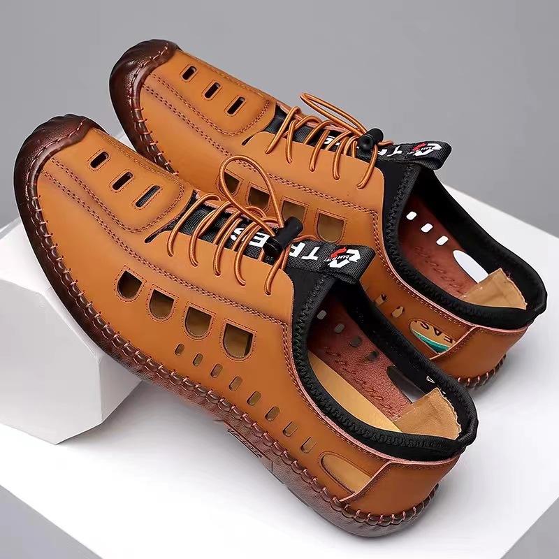 Men's Sandals 2023 Summer and Autumn New Men's Casual Hollow Breathable Leather Shoes Soft Bottom Closed Toe Beach Hole Shoes