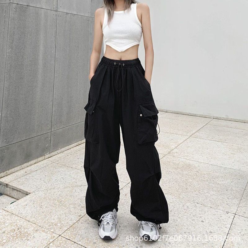 Tiktok American Retro Quick-Drying Overalls Women's Summer High Waist Straight Wide Leg Ribbon Loose Casual Mopping Trousers