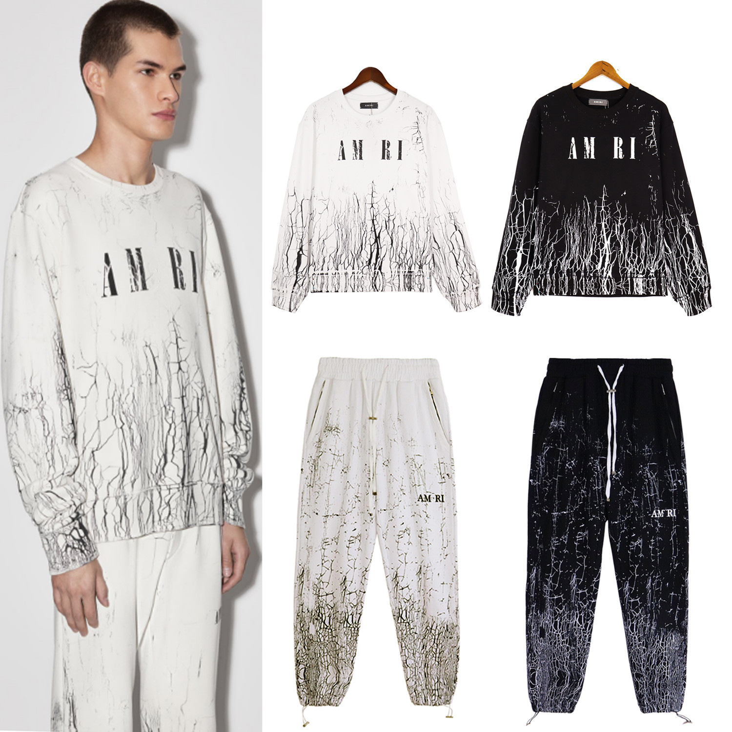 潮牌am高街小众裂痕logo印花休闲宽松圆领卫衣男女同款外贸批发