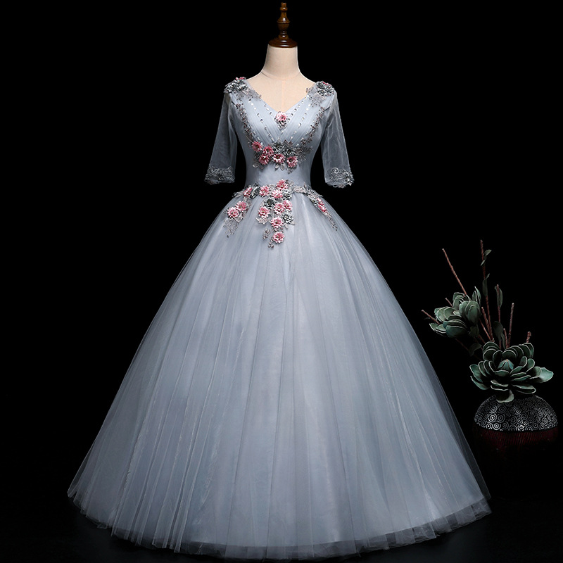 跨境货源 欧美灰色蓬蓬裙 影楼旅拍晚宴演出服艺考长款婚纱晚礼服