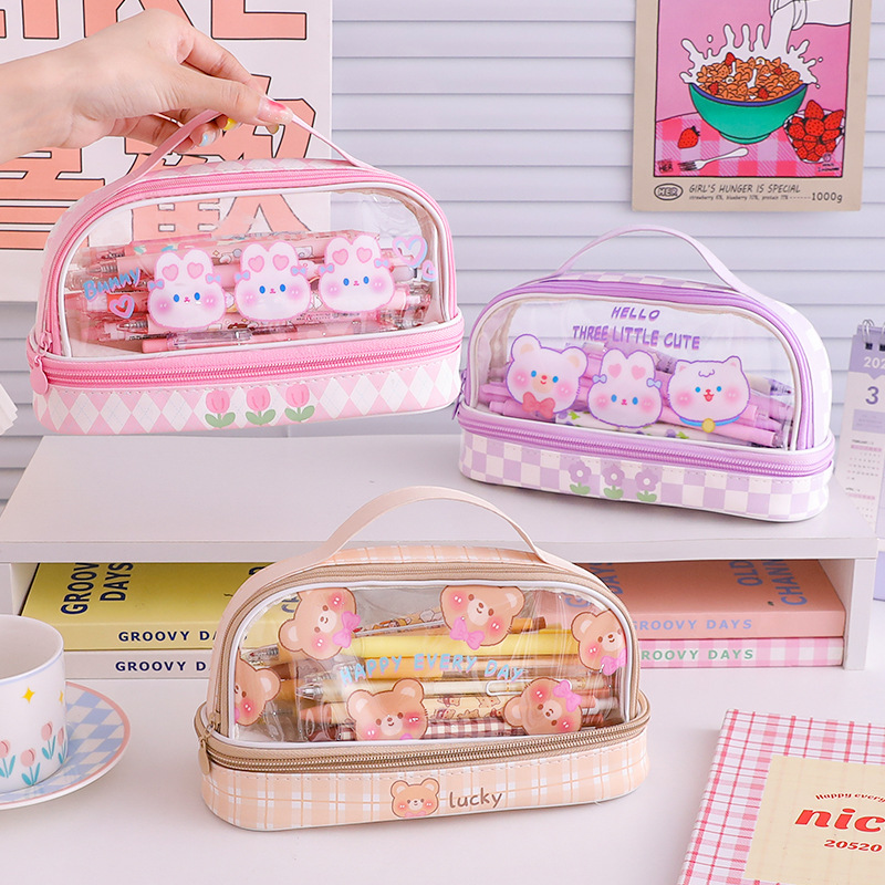 Fresh Student Pencil Case Large Capacity Pencil Case Double Layer Girl Heart Storage Middle School Student Stationery Box Pencil Box Upper and Lower Layer