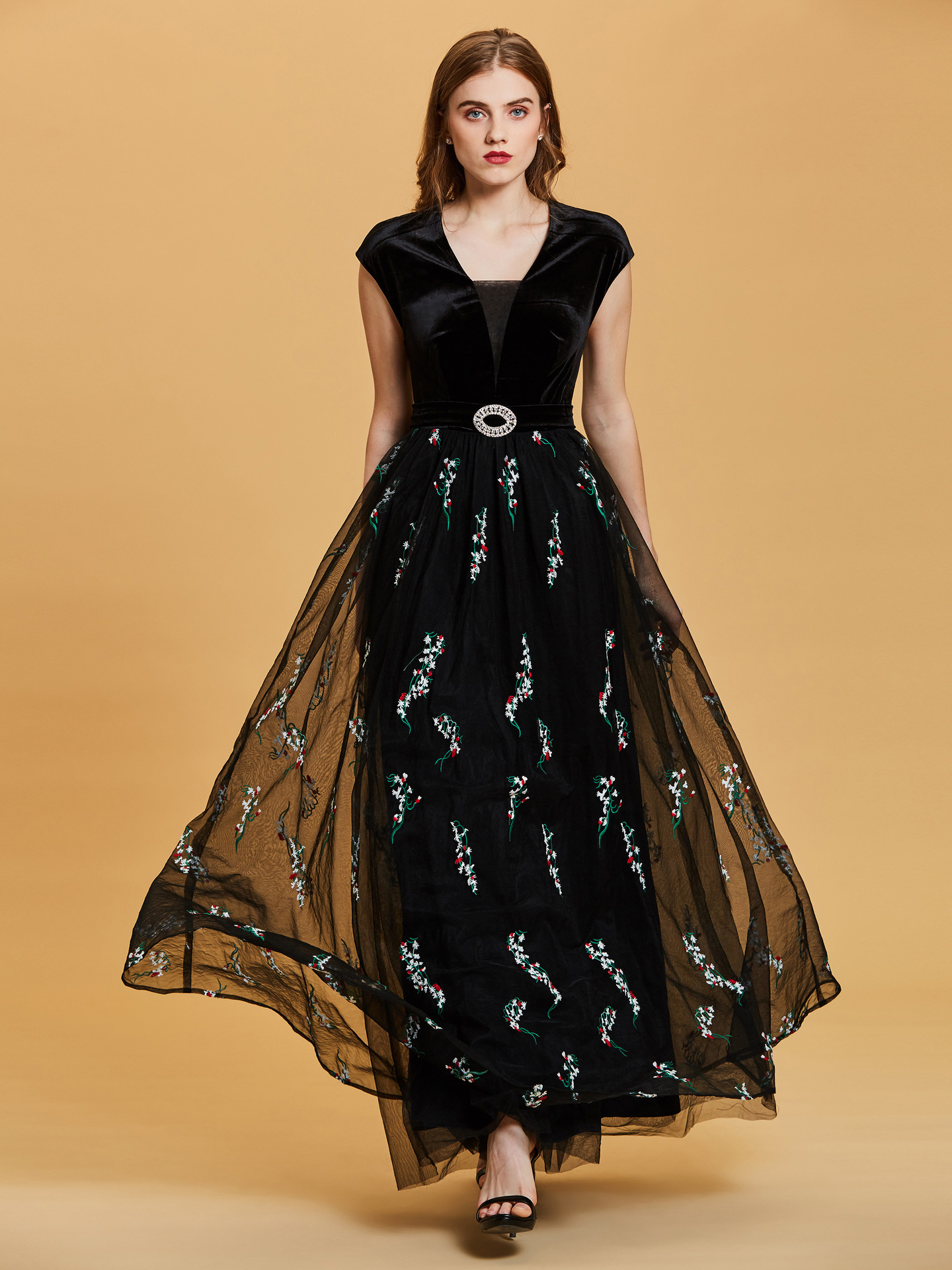 汤匙领a字型晚礼服欧美跨境派对晚会气质通勤薄纱礼服长裙531981