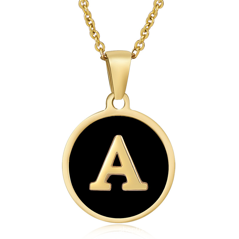 Cross-Border European and American Stainless Steel round Shell Letter Necklace Female 18K Gold Titanium Steel 26 English Letter Pendant