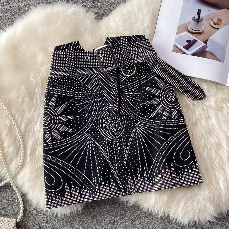 包邮2021秋季新款韩版高腰水钻烫钻星星图案腰带半身裙包臀裙a字