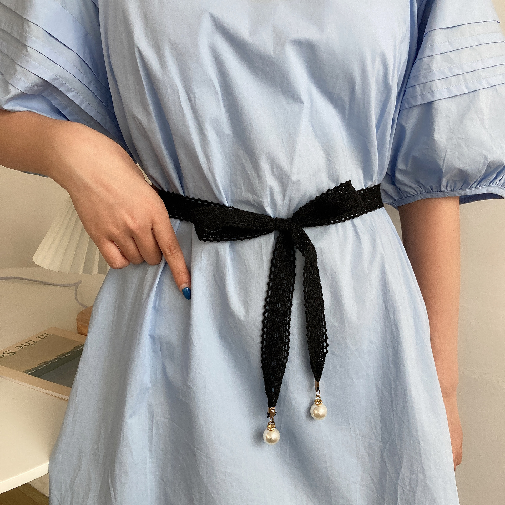 蕾丝布腰带女装饰简约百搭细腰绳连衣裙子珍珠腰链收腰打结丝带夏