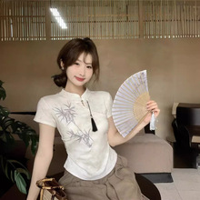 夏季女装新中式国风刺绣短袖T恤甜辣妹设计感修身显瘦短款上衣潮