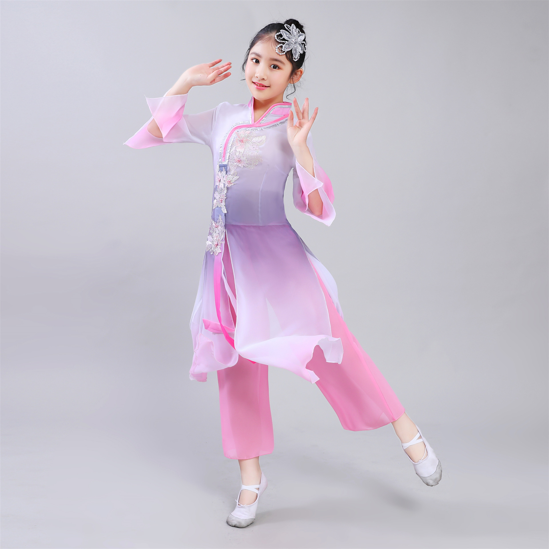 儿童水袖古筝演出服中国风女大童古典舞表演改良飘逸紫色汉服女童仙女