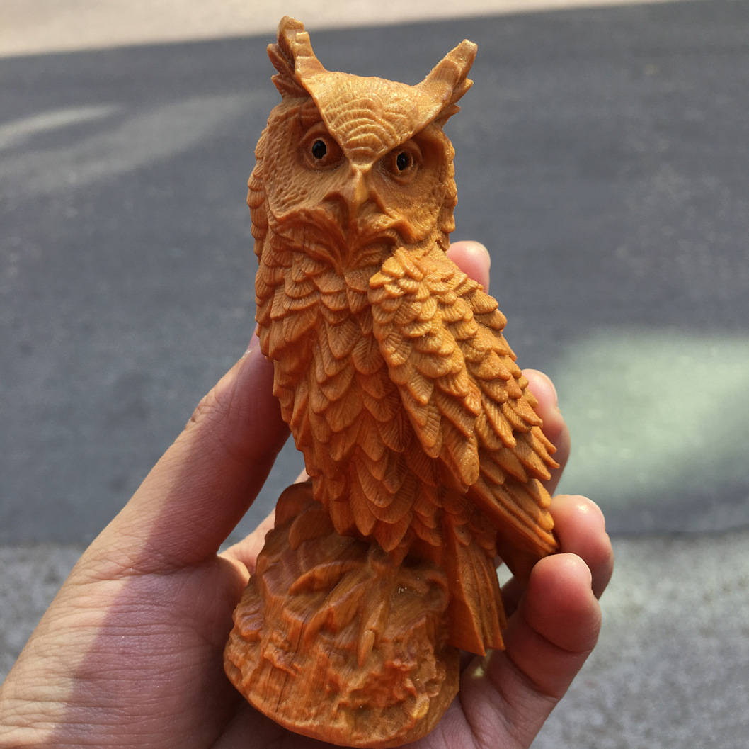 崖柏木雕猫头鹰客厅装饰中式实木小摆件 鹰雕刻工艺品家居装饰品
