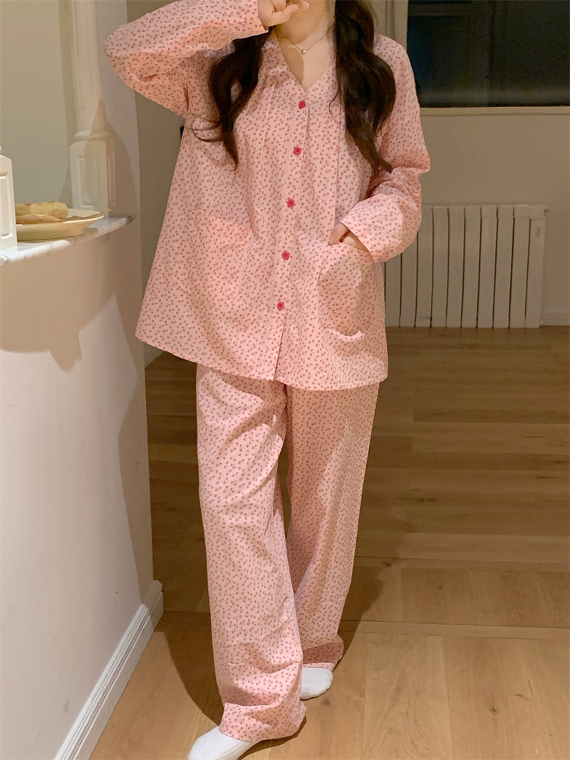 棉韩版睡衣女秋季长袖长裤家居服套装小碎花网红风学生大码两件套