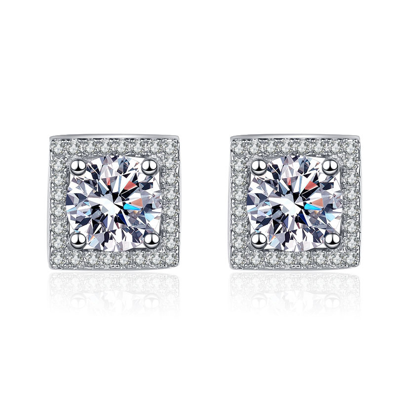 S925 Sterling Silver Jewelry D Color 1 Karat Square Moissanite Stud Earrings Women's New Square Bag Fashion Temperament Factory Direct Sales