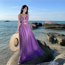 深V抽带缩褶雪纺吊带连衣裙名会海边紫色