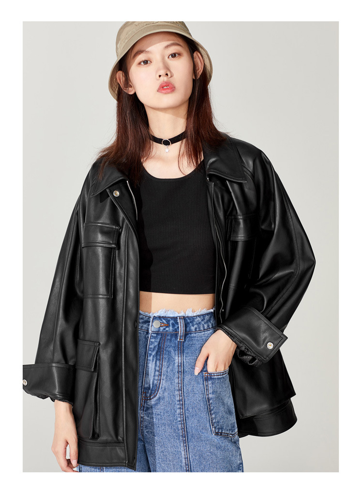 皮衣外套女机车服中长款2021秋冬新款复古宽松oversize黑色皮上衣