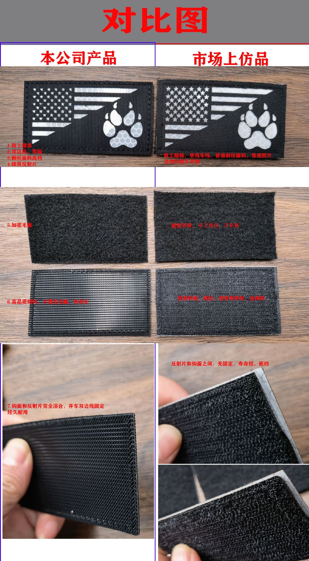 产品实拍图有魔术贴毛面的地方直接贴,没有的话,请把我们赠送的毛面缝