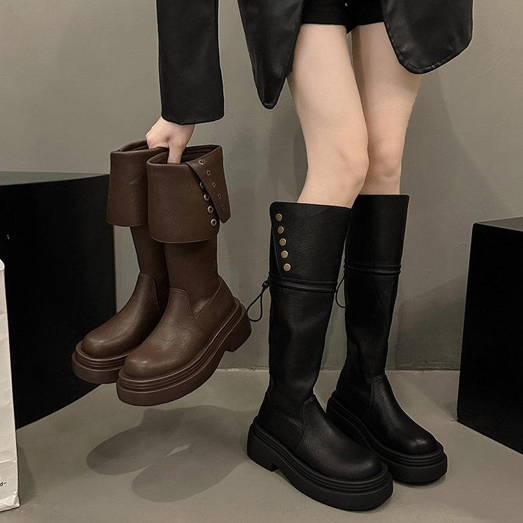 复古棕色美式粗跟厚底长筒靴女2024秋季新款爆款增高显瘦骑士靴子
