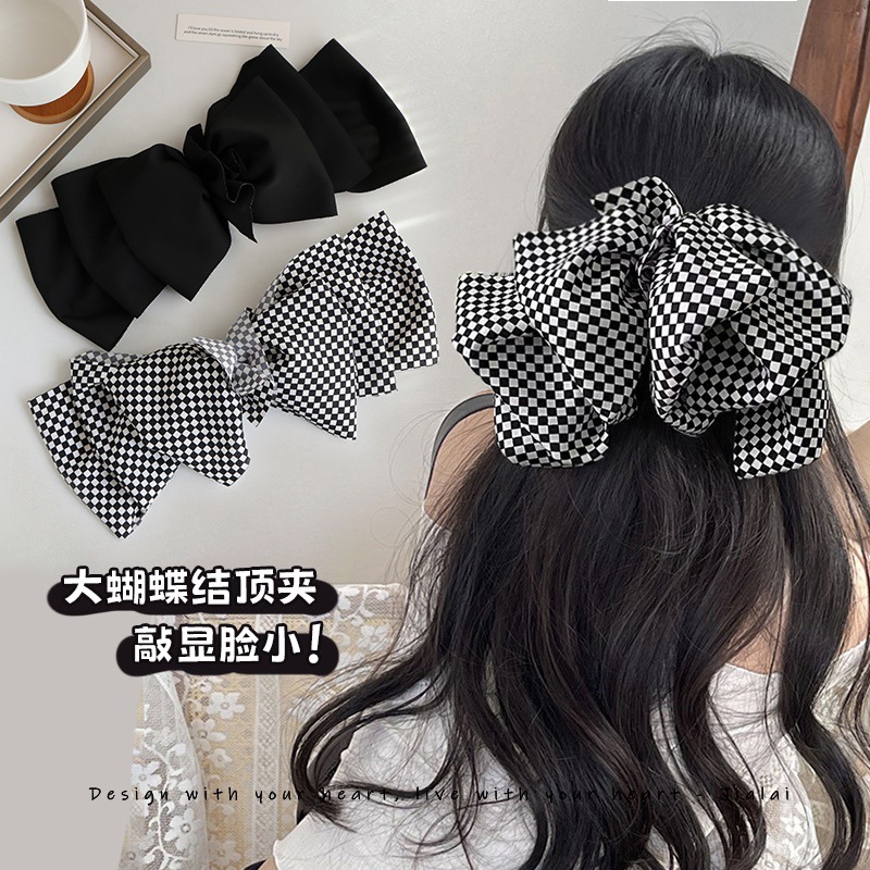 chessboard plaid big bow hairpin women‘s back head 2022 new spring clip high sense summer ponytail clip headdress