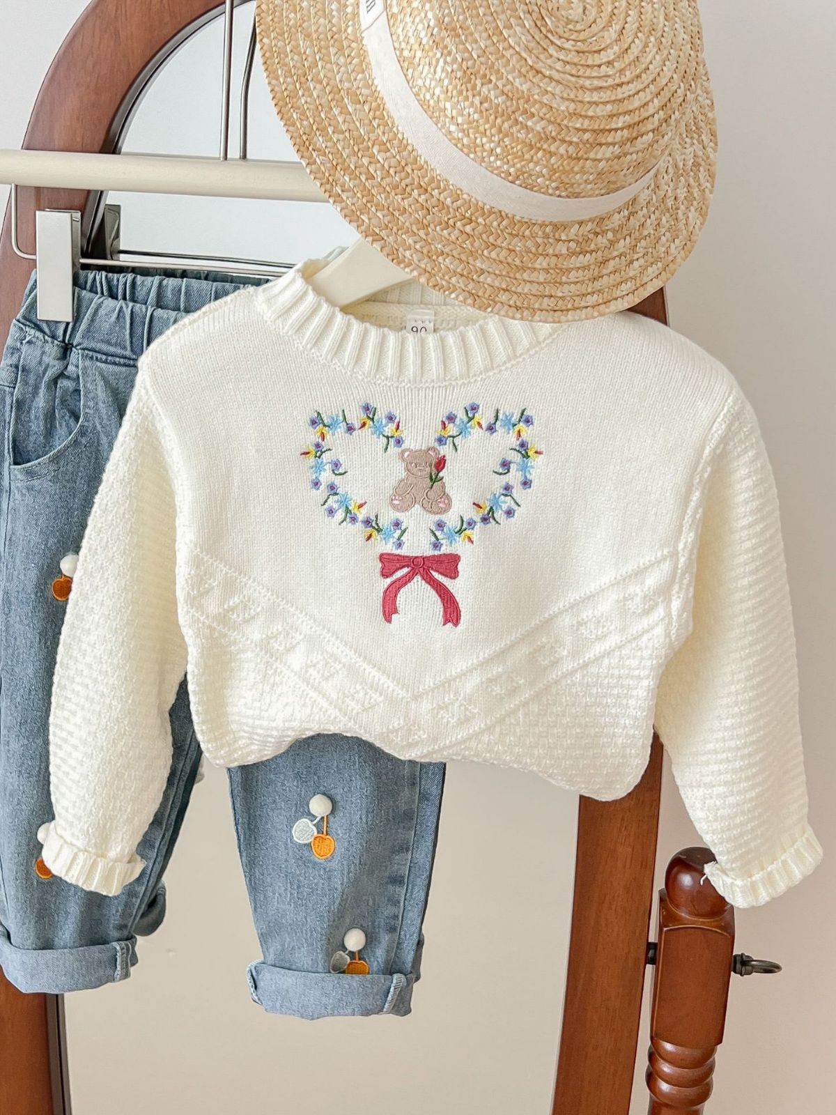 柠里2023中小女童宝宝刺绣小熊毛衣儿童韩版可爱秋冬套头针织上衣