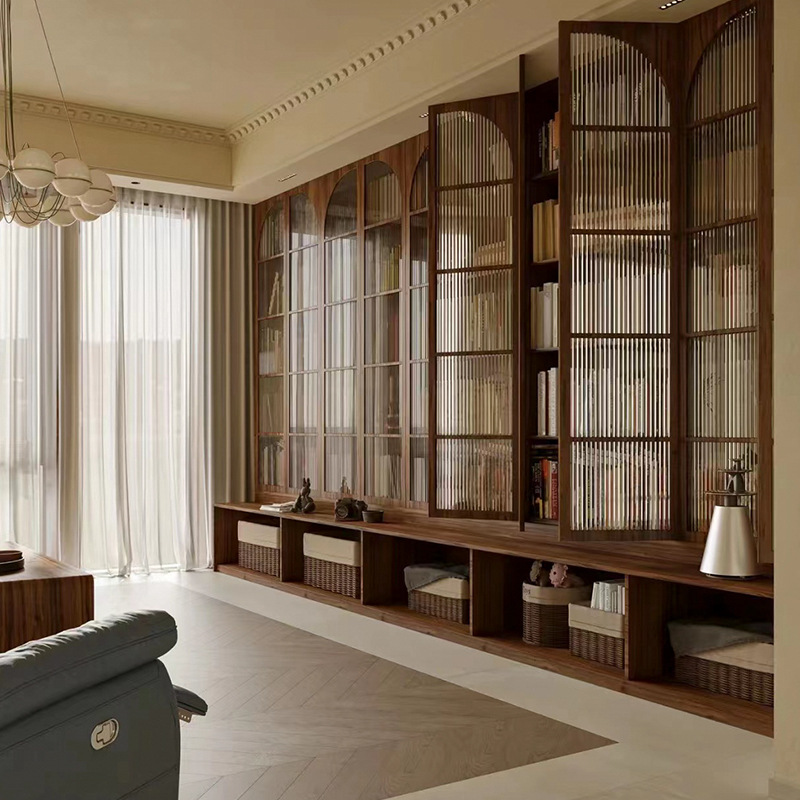 北美樱桃木书架黑胡桃木实木书柜客厅玻璃门大书柜日式落地满墙柜