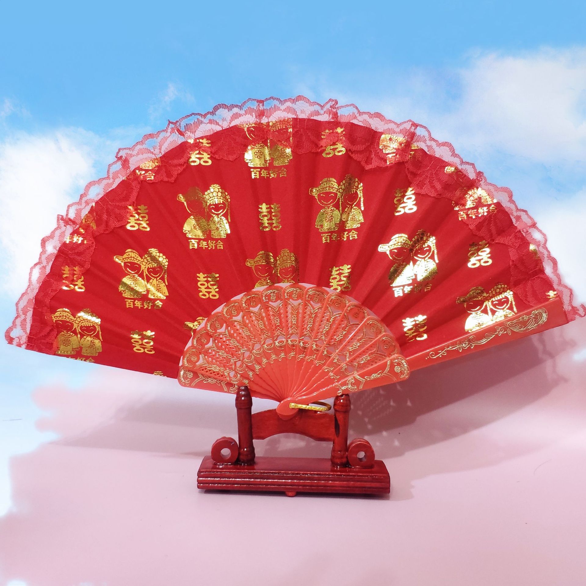 厂家直销 双层蕾丝塑料扇 双喜百年好合婚礼用扇 家有喜事婚嫁扇