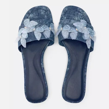 ZA2024年春冬季新品女鞋蓝色牛仔蝴蝶装饰平底凉鞋做旧复古拖鞋子