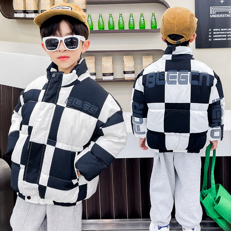 Winter New National Fashion Children's Cotton Clothes Boys and Girls Fleece Lined Coat Coat Medium and Big Children Plaid Stand Collar Coat Cross-Border