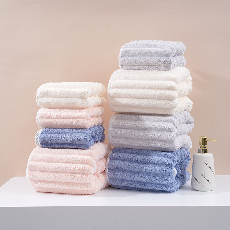 Popular Stripe Coral Fleece Towels Hair Care Hair-Drying Cap Set Thickened Absorbent No Lint No Fading Home